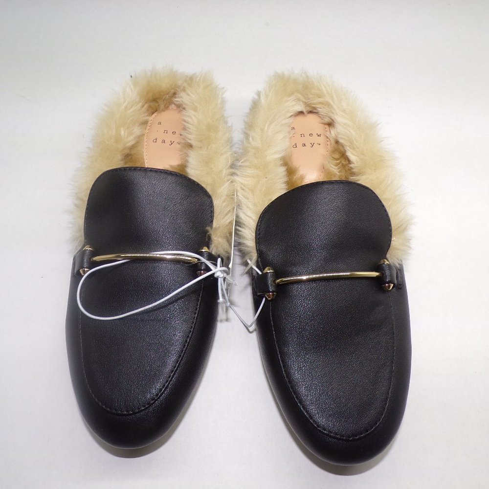 Women's Rebe Faux Fur Mules - A New Day Black 6